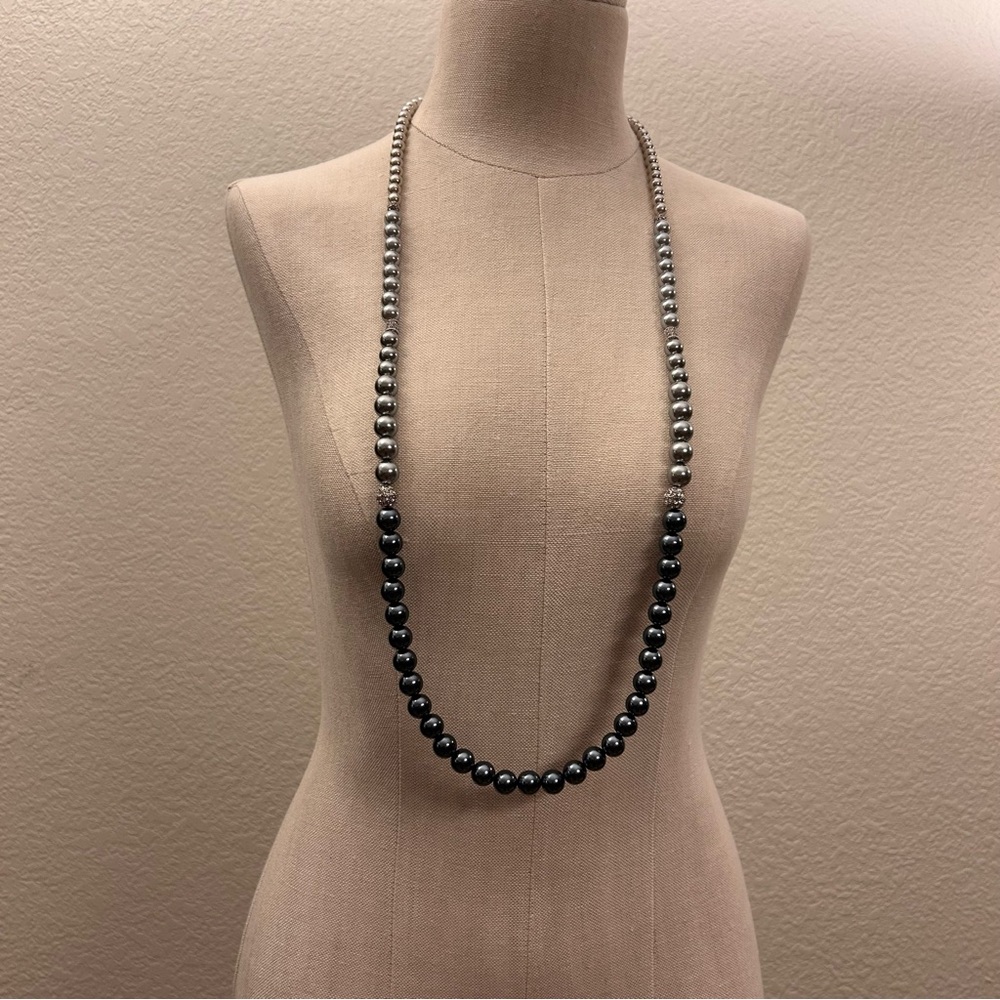 Long Tri Tone Silver/Pewter Beaded Pearl Necklace with Rhinestone Accents Set
